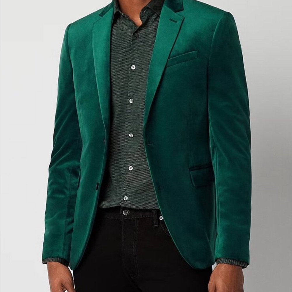 JF J.Ferrar 40S SLIM FIT Green Velvet Sport Coat -Velvet‎ -Padded Shoulders